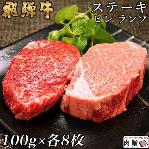 飛騨牛 食べ比べ セット ヒレ&ランプ ステーキ 1,600g 1.6kg (各100g × 8枚)